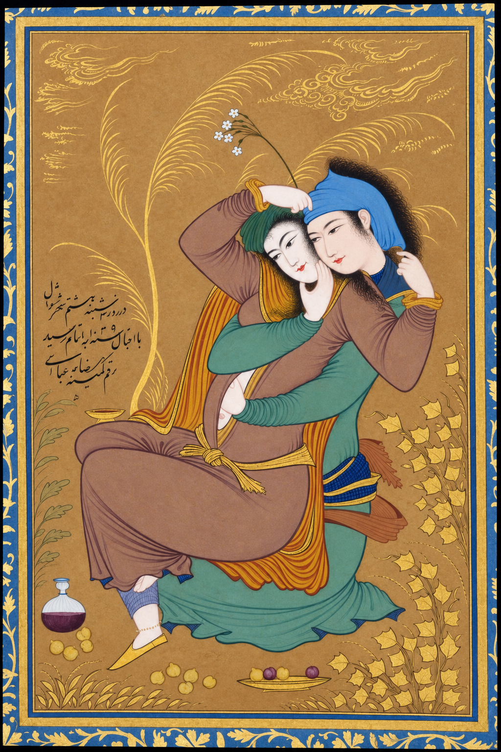 نگارگری ایرانی با دو شخصیت در قاب سنتی